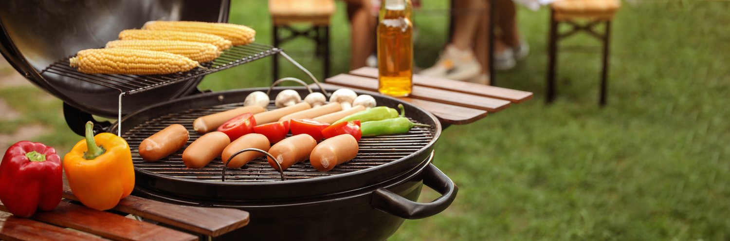 Photo of barbecue grill with tasty fresh food outdoors, space for text. Banner design