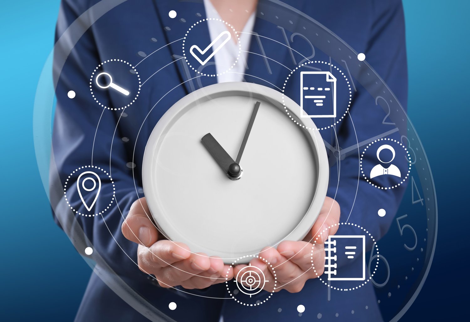 Photo of time management concept. Woman holding clock surrounded by icons, closeup