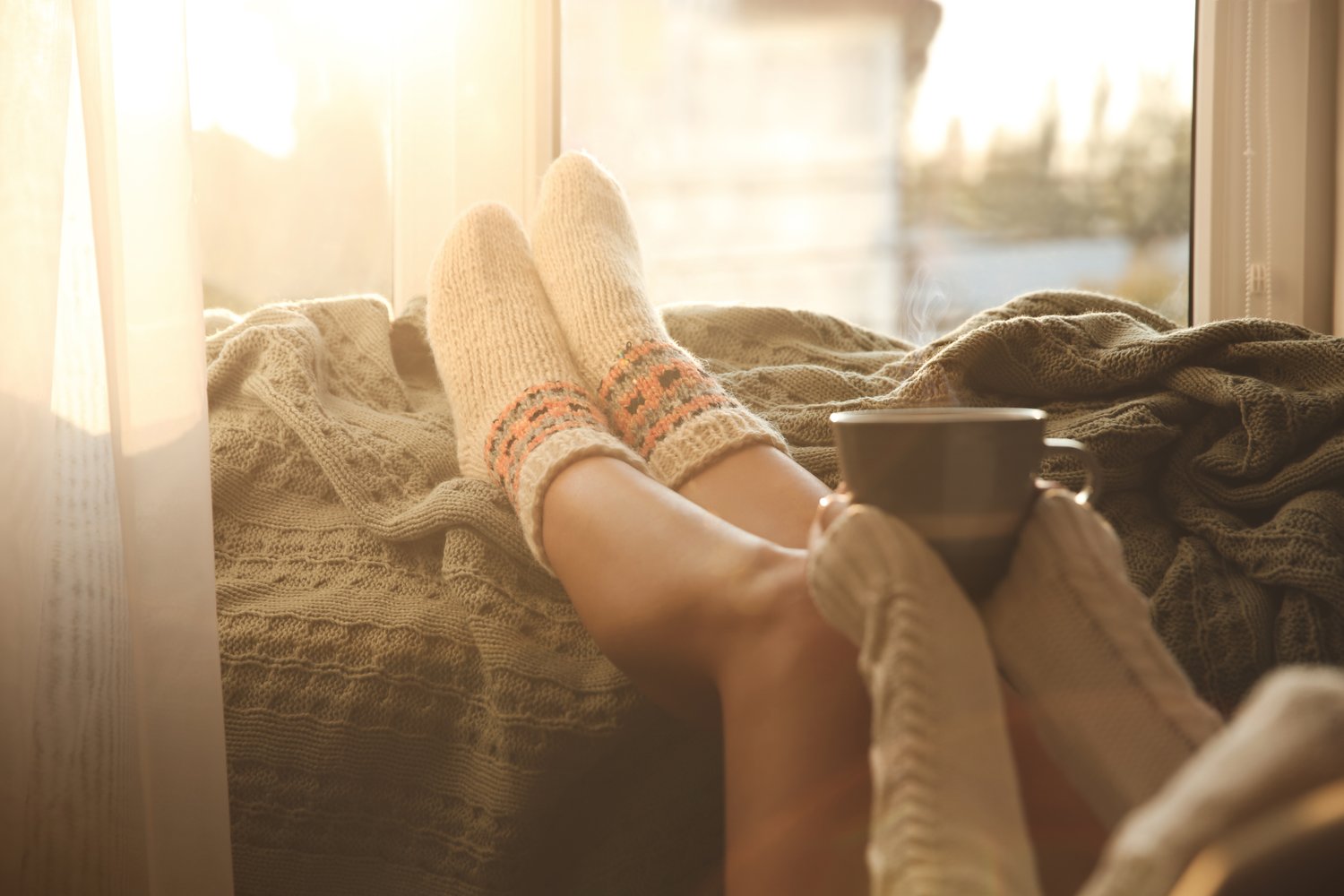 Photo of woman in knitted socks holding cup of hot drink on plaid near window at home, closeup