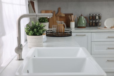 Photo of Potted artificial plants on countertop in kitchen. Home decor