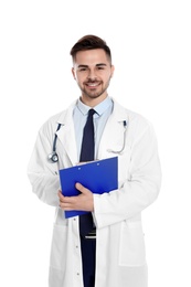 Photo of Portrait of medical doctor with clipboard and stethoscope isolated on white