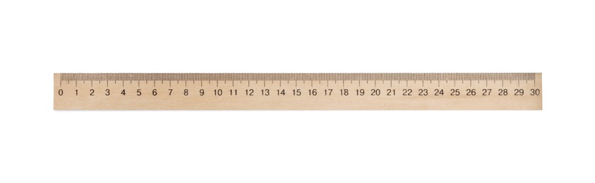 Photo of Wooden ruler with measuring length markings in centimeters isolated on white, top view