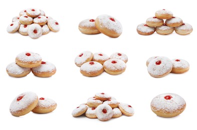 Image of Delicious donuts with jelly and powdered sugar on white background, collage