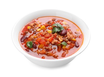 Photo of Bowl with tasty chili con carne on white background