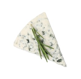Photo of Tasty blue cheese with rosemary isolated on white, top view