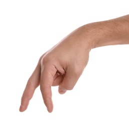 Photo of Man showing hand on white background, closeup