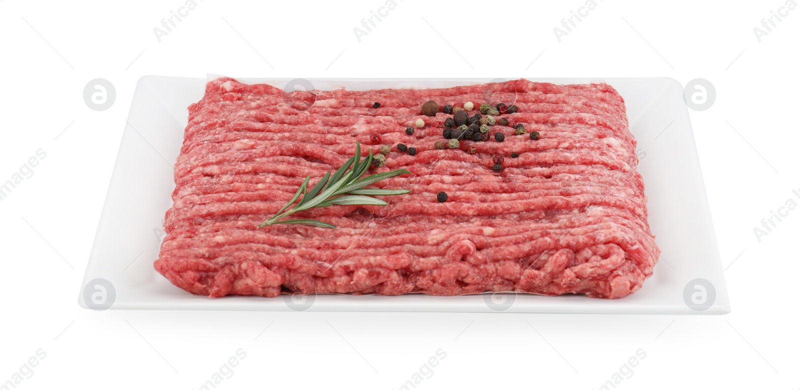 Photo of Raw ground meat, rosemary and peppercorns isolated on white