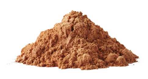 Photo of Pile of dry aromatic cinnamon powder isolated on white