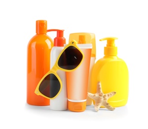 Photo of Composition with sun protection products on white background. Body care