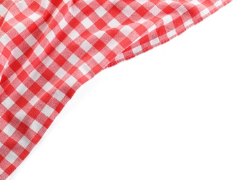 Photo of Classic red checkered blanket isolated on white, top view