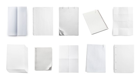 Image of Set with different blank paper sheets on white background, top view