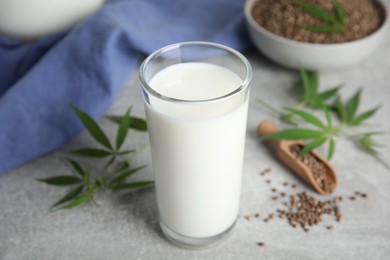 Photo of Hemp milk, seeds and fresh leaves on light grey table