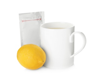 Photo of Cup of hot tea, lemon and cold remedy on white background