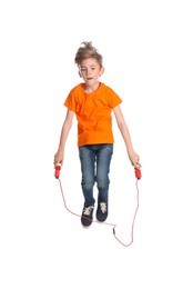 Photo of Cute little boy with jump rope on white background