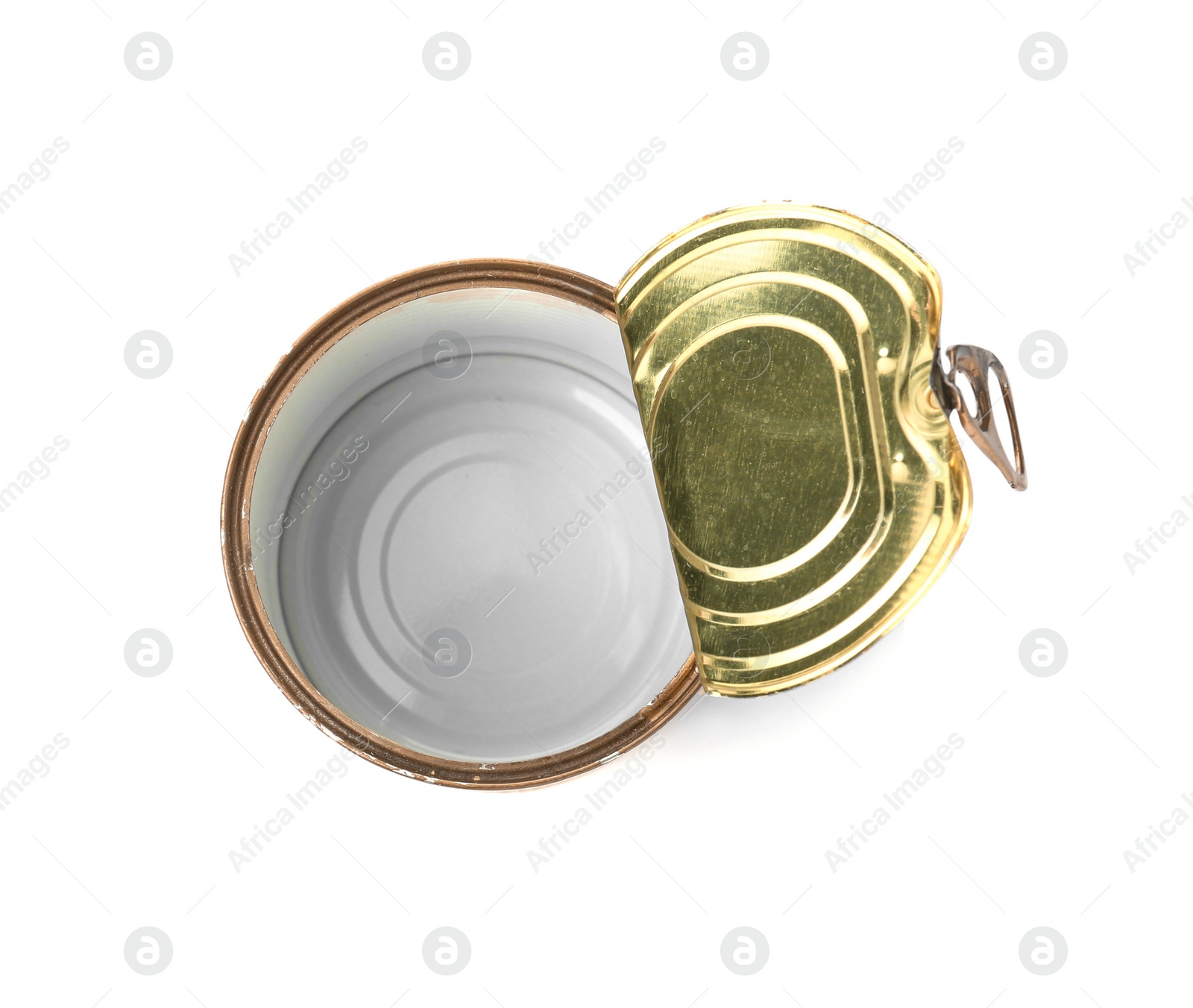 Photo of Empty aluminum can on white background, top view. Metal waste recycling