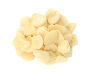 Photo of Pile of fresh sliced garlic cloves isolated on white, top view. Organic food