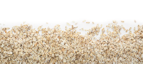 Photo of Raw oatmeal on white background, top view