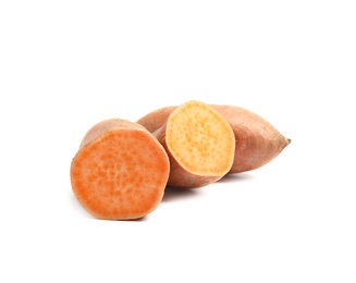 Photo of Cut and whole sweet potatoes on white background