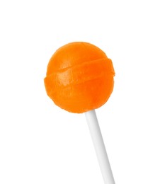 Photo of One sweet orange lollipop isolated on white