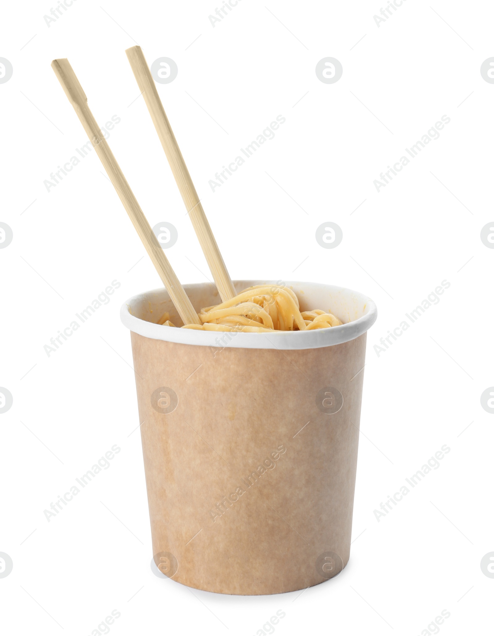 Paper cup of instant noodles and chopsticks isolated on white. Mockup for design Photo of Paper cup of instant noodles and chopsticks isolated on white. Mockup for design
