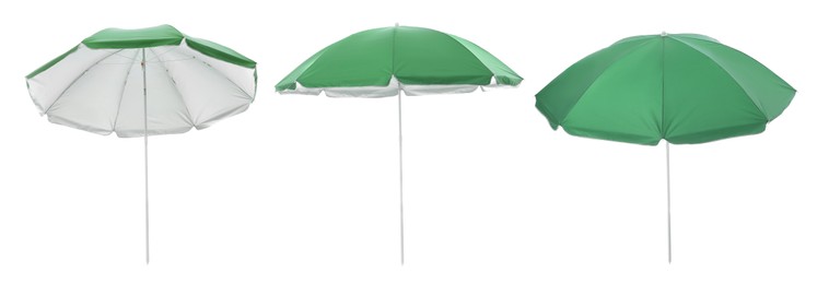 Image of Set with green beach umbrellas on white background. Banner design