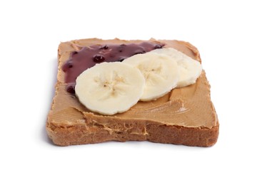 Photo of Toast with tasty nut butter, jam and banana isolated on white