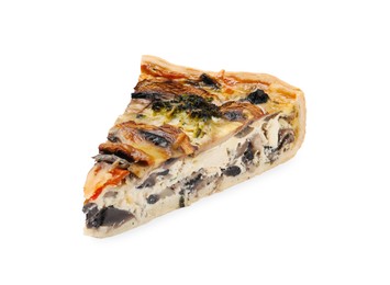 Photo of Piece of delicious quiche with mushrooms isolated on white