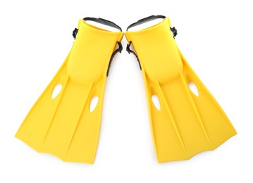 Photo of Pair of yellow flippers on white background, top view
