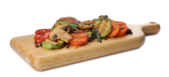 Photo of Mix of delicious grilled vegetables on white background