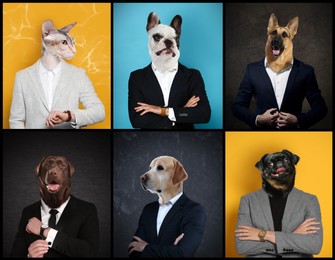Image of Businessmen with faces of different animals on color background. Set of portraits