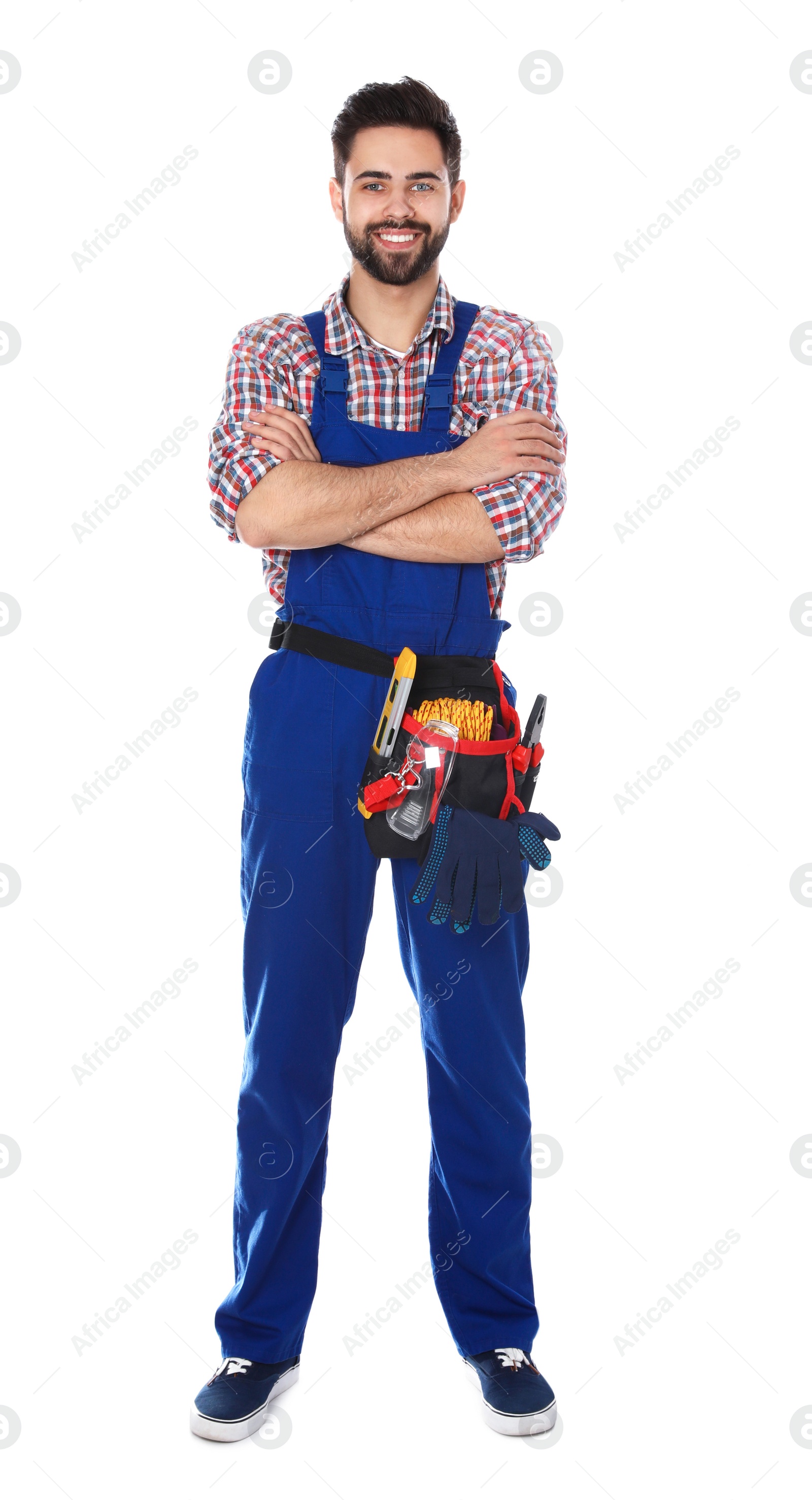 Photo of Full length portrait of construction worker with tool belt on white background