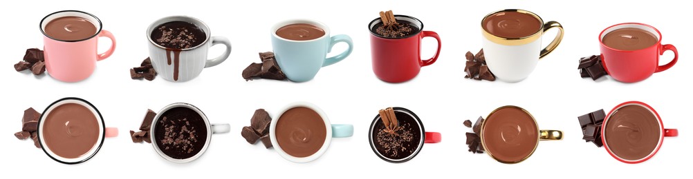 Image of Delicious hot chocolate in cups isolated on white, top and side views