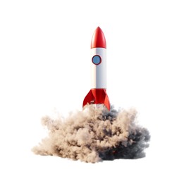Image of Rocket launching. Spaceship with smoke isolated on white