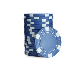 Photo of Blue casino chips stacked on white background. Poker game