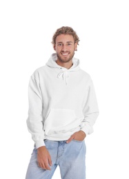 Photo of Portrait of man in hoodie sweater on white background. Space for design