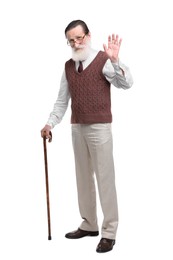 Photo of Senior man with walking cane waving on white background