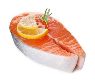 Photo of Fresh raw salmon steak with rosemary and lemon on white background