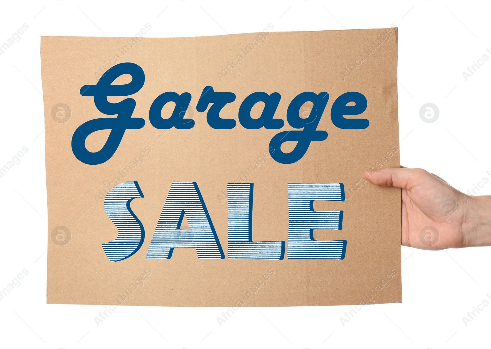 Image of Woman holding piece of cardboard with phrase GARAGE SALE on white background, closeup