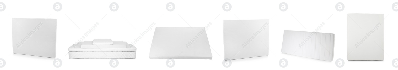 Image of Set with modern comfortable mattresses on white background, banner design 