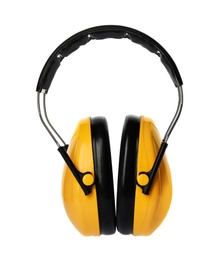 Photo of Protective headphones on white background. Professional construction accessory