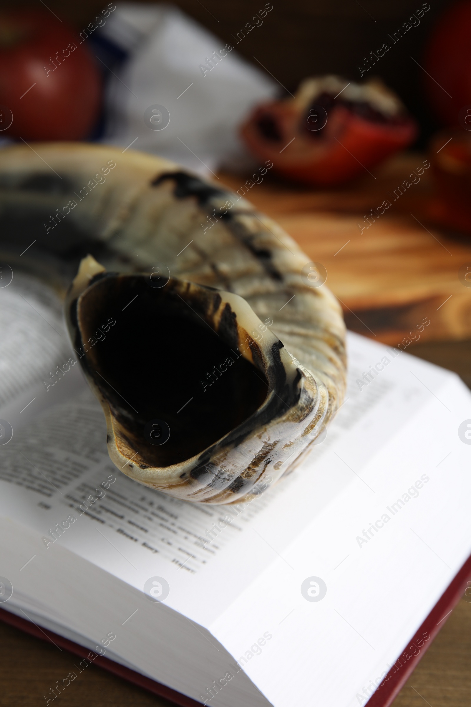 Photo of Shofar and open Torah on wooden table, closeup. Rosh Hashanah celebration