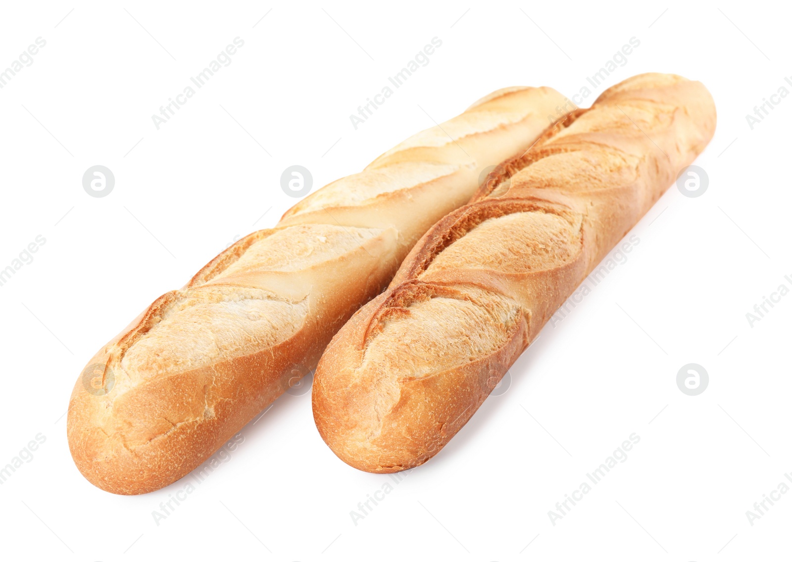 Photo of Tasty baguettes on white background. Fresh bread