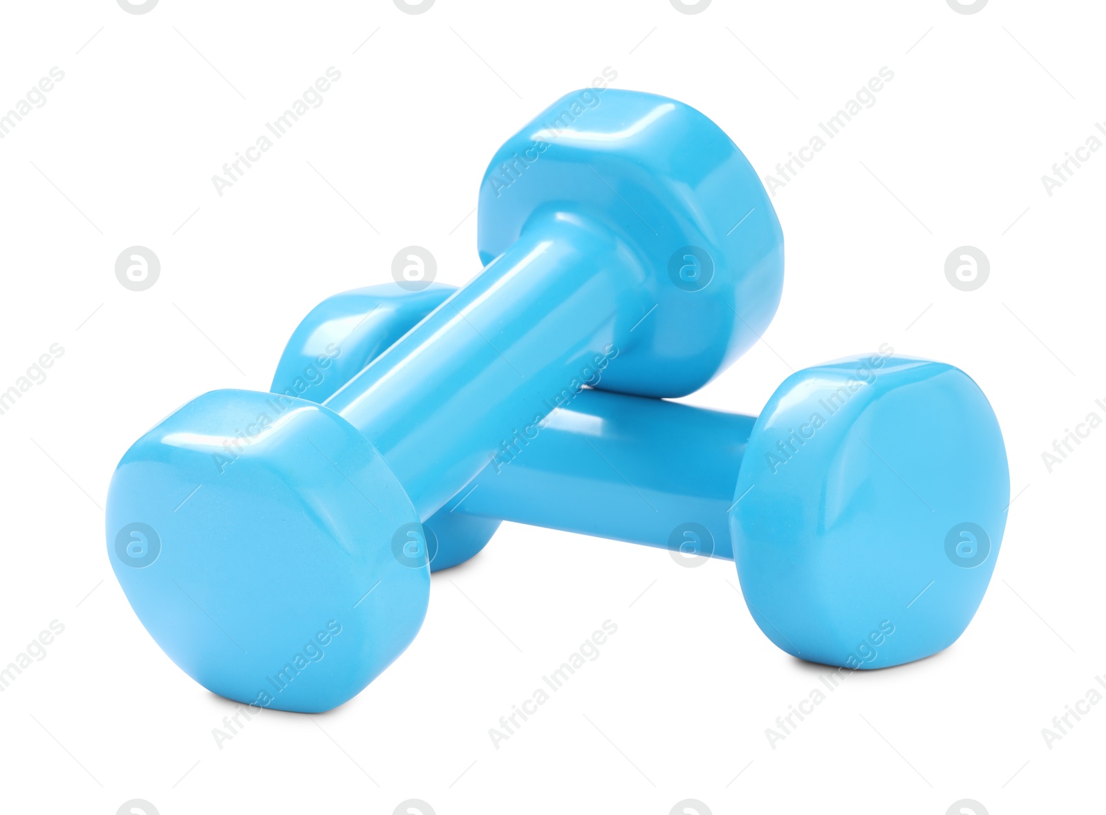 Photo of Light blue dumbbells isolated on white. Sports equipment