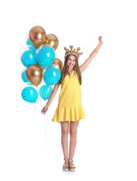 Young woman with crown and air balloons on white background