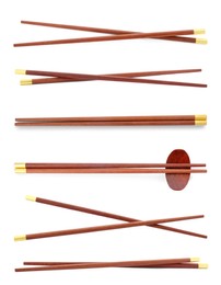 Image of Collage with wooden chopsticks isolated on white