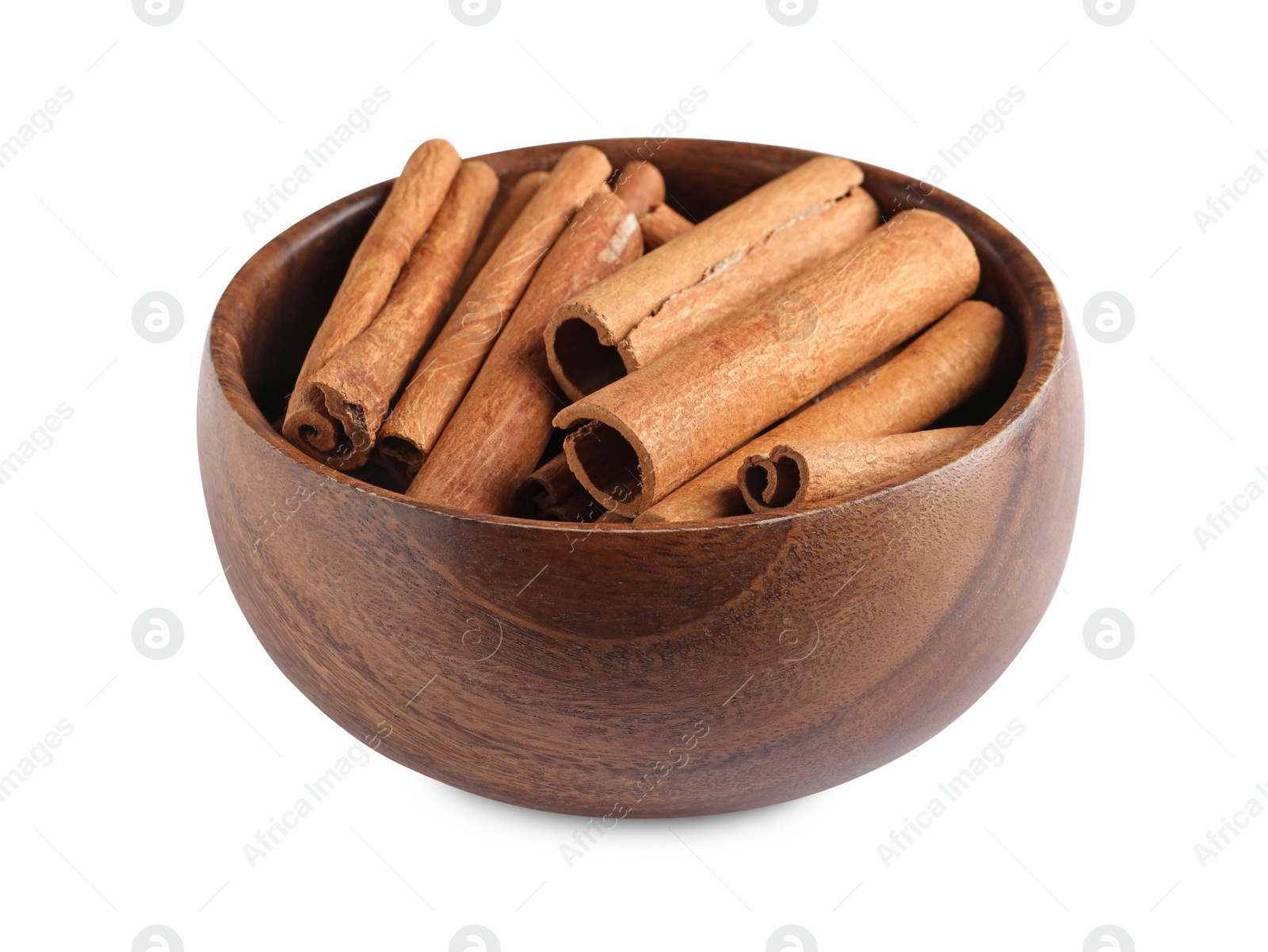 Photo of Cinnamon sticks in bowl isolated on white