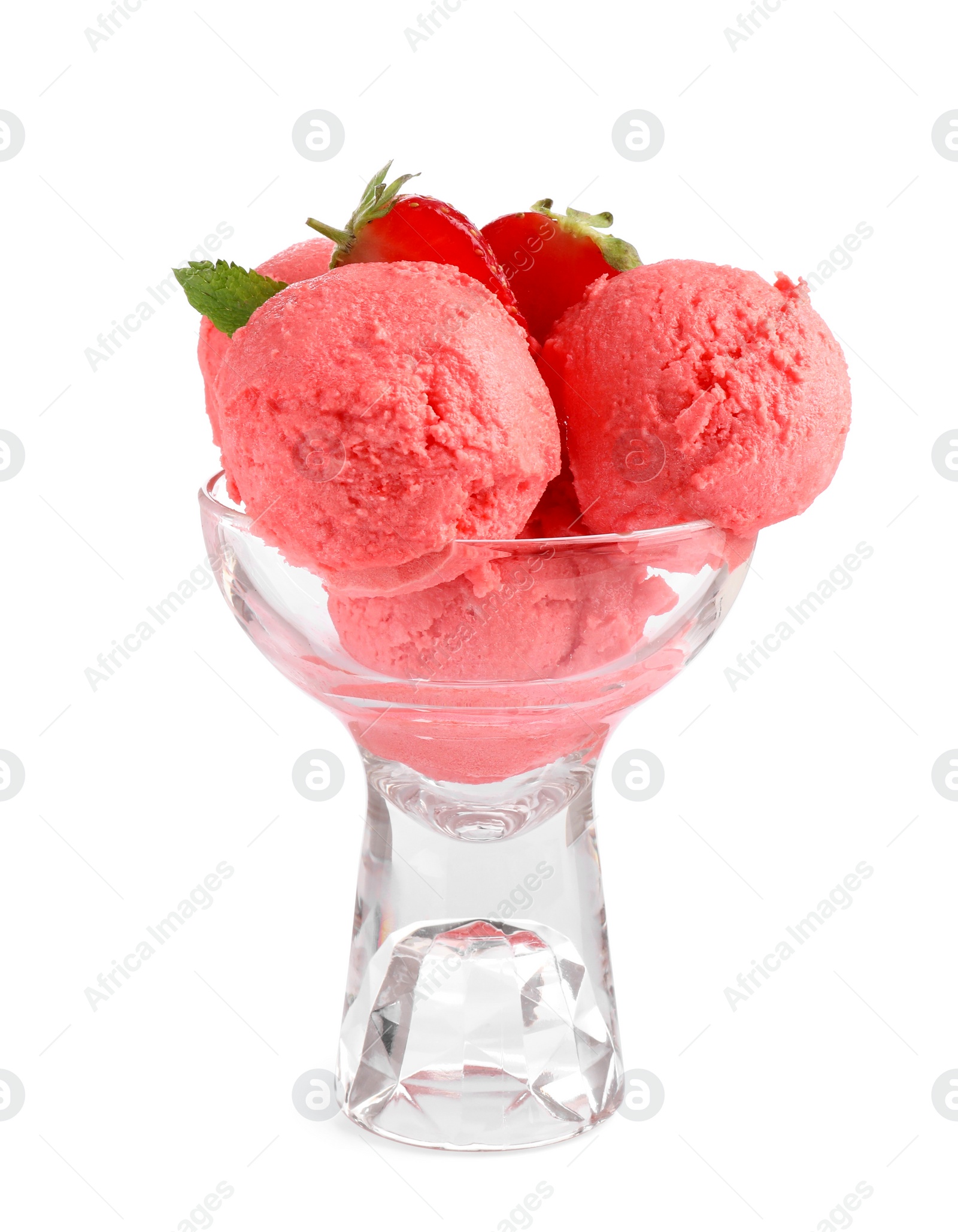 Photo of Glass dessert bowl with delicious strawberry ice cream isolated on white