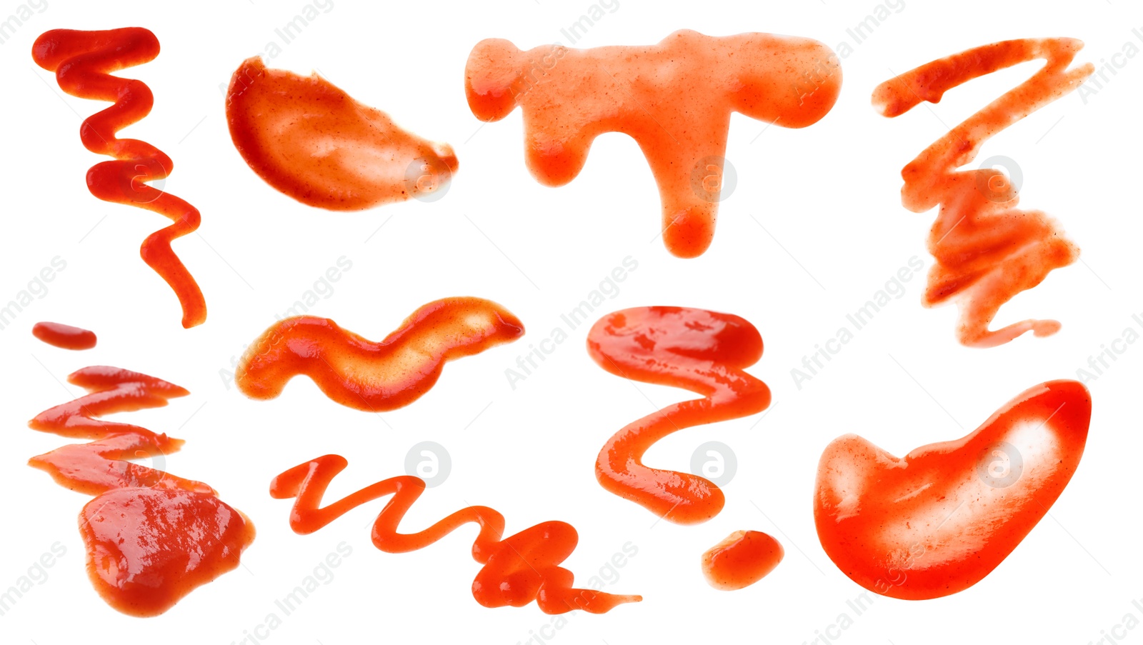 Image of Set of tasty tomato sauce on white background