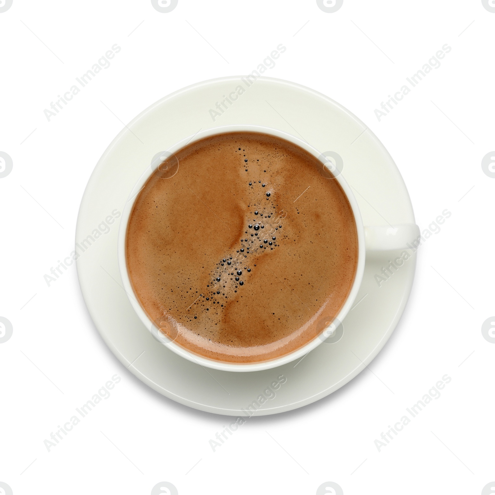 Photo of Cup of hot coffee and saucer isolated on white, top view