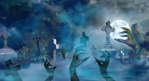 Image of Scary zombies and monsters arising from graves at old foggy cemetery under full moon on Halloween night